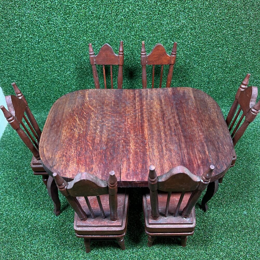 Vintage Miniature Wooden Dining Table and Chair Set Dollhouse
